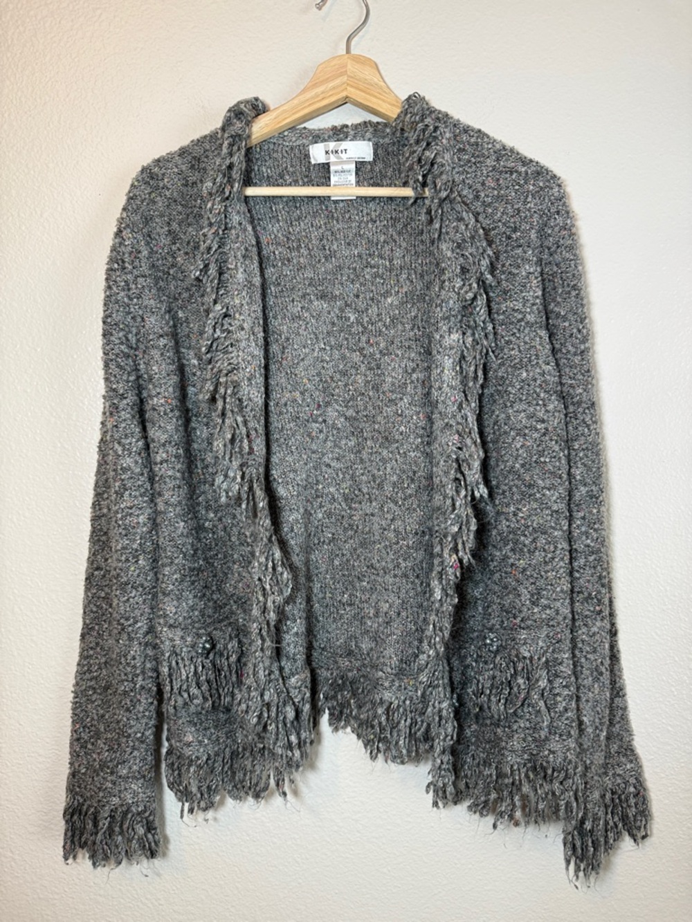 Vintage KIKIT Fringed Open Front Knit Cardigan Sweater SZ L Speckled Art To Wear